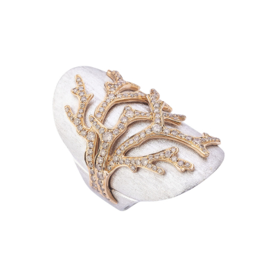 Anel ouro branco com ramos em ouro rosé e diamantes