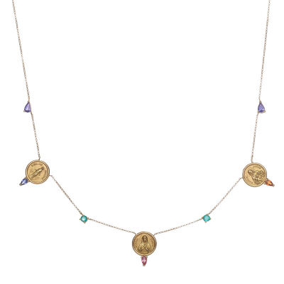 Colar em ouro amarelo com santas e pedras